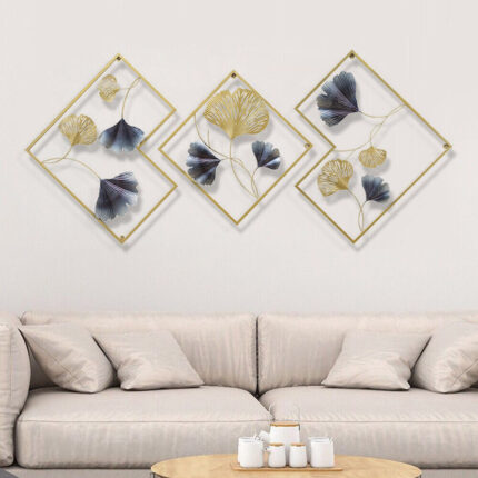 Luxury 3-Piece Metal Wall Art – Ginkgo Leaf Design (Gold & Blue)
