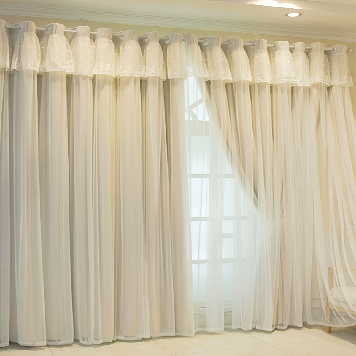 product-fancy-1a6c7722-5c5c-4a01-8ad9-f344224f405a French Cream Layered Lace Curtains - Image 1