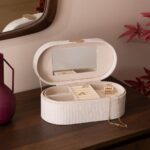 Ivory Velvet Oval Jewellery Box with Mirror - Image 5