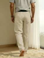 Men’s Cream Linen-Blend Relaxed Trousers - Image 7