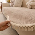 Beige Non-Slip Sofa Cover with Tassel Trim - Image 3