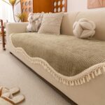 Beige Non-Slip Sofa Cover with Tassel Trim - Image 7