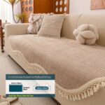 Beige Non-Slip Sofa Cover with Tassel Trim - Image 4