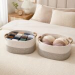 Oval Cream Woven Storage Basket with Handles - Image 5