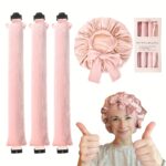 Ellitina Luxury Satin Heatless Curling Set with Sleep Bonnet – Rose Pink - Image 2