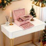 Blush Pink Velvet Lockable Jewellery Box with Mirror & Drawer - Image 3
