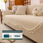 Beige Non-Slip Sofa Cover with Tassel Trim - Image 11