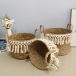 Set of 3 Natural Woven Storage Baskets with Cream Fringe