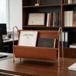Cognac Leather-Look Magazine Rack with Gold Frame - Image 3