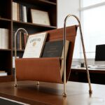 Cognac Leather-Look Magazine Rack with Gold Frame