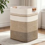 Large Neutral Woven Laundry Basket with Leather-Look Handles