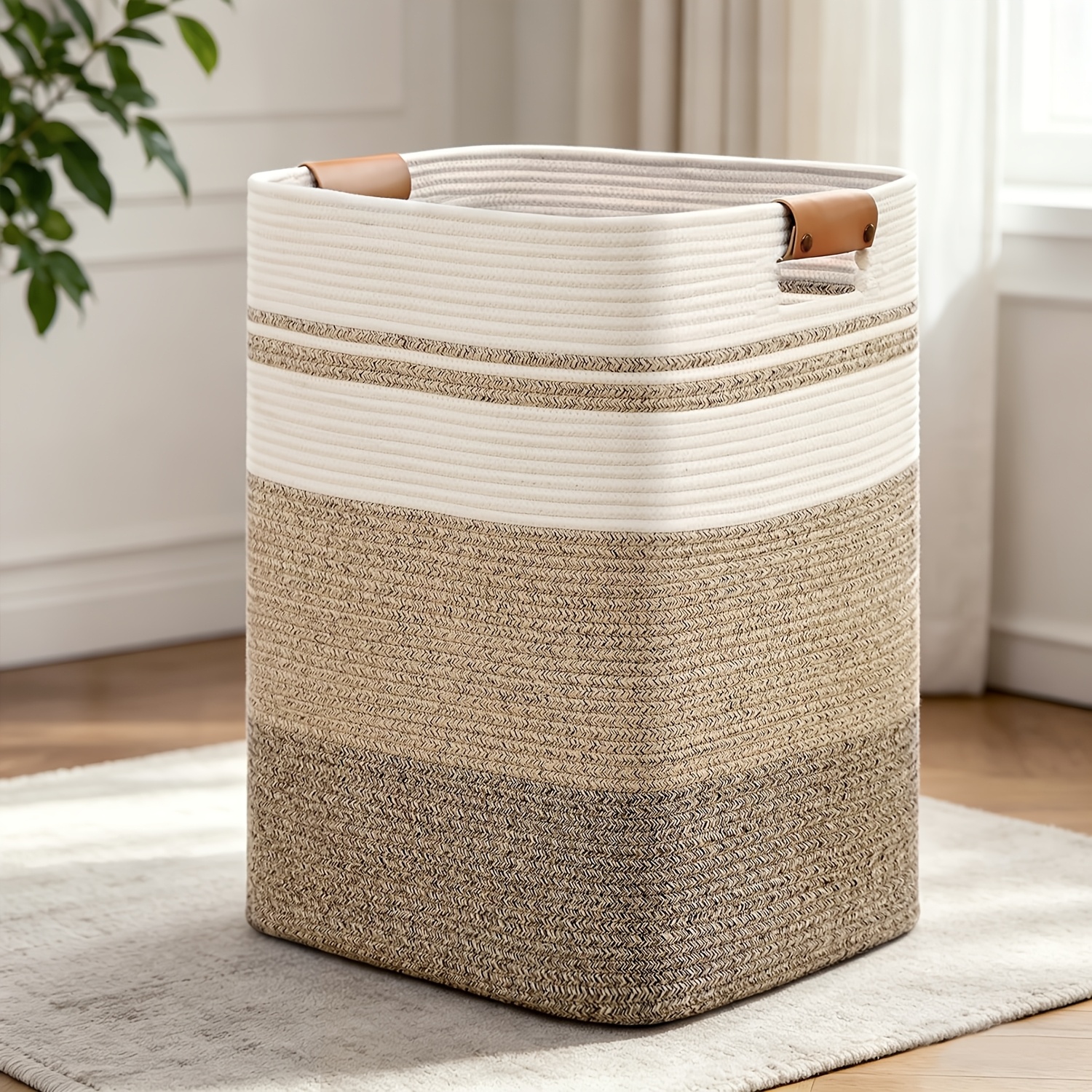 product-fancy-55f4ede5-8424-4c6c-84d4-69565f4d37e2 Large Neutral Woven Laundry Basket with Leather-Look Handles - Image 1