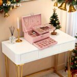 Blush Pink Velvet Lockable Jewellery Box with Mirror & Drawer - Image 5
