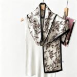 Ivory Floral Mulberry Silk Scarf with Black Trim