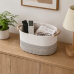 Oval Cream Woven Storage Basket with Handles - Image 6