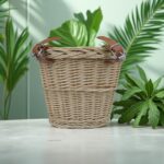 Natural Woven Plant Basket with Leather-Look Detail - Image 5