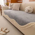 Beige Non-Slip Sofa Cover with Tassel Trim - Image 9