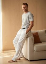 Men’s Cream Linen-Blend Relaxed Trousers - Image 13