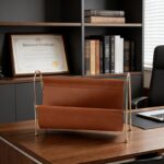 Cognac Leather-Look Magazine Rack with Gold Frame - Image 5
