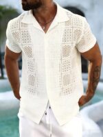 Men’s Cream Openwork Cuban-Collar Shirt - Image 2