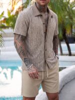 Men’s Taupe Textured Knit Resort Shirt - Image 3