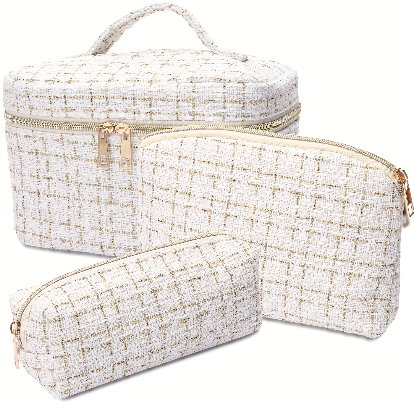 product-fancy-94ade9c2-0ed2-4e49-ba83-f8a97ef436e3 Luxury Ivory Tweed Beauty Travel Organiser Set – Three Cosmetic Bags - Image 1