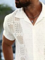 Men’s Cream Openwork Cuban-Collar Shirt - Image 6