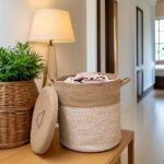Large Taupe & Cream Woven Laundry Basket with Lid - Image 8
