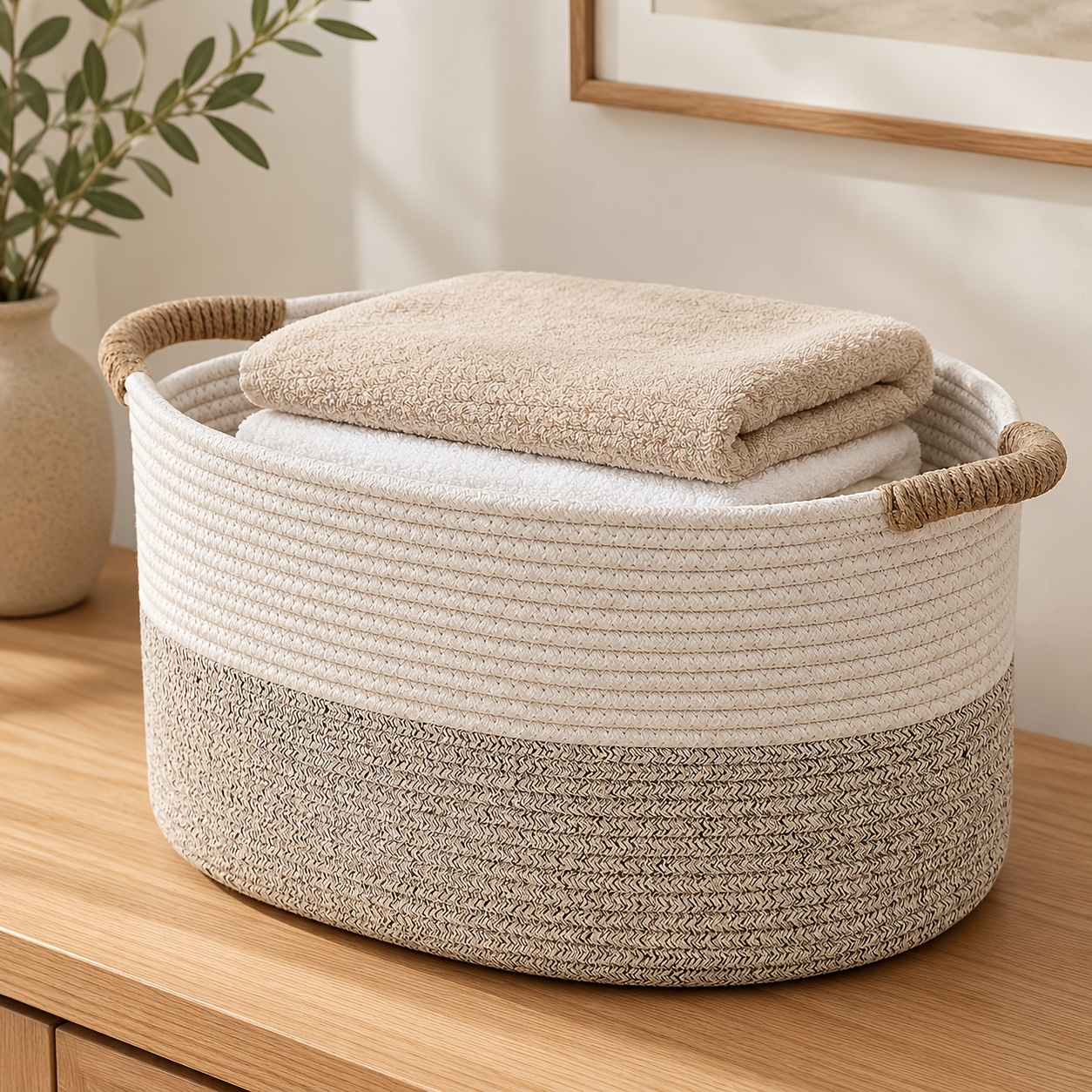 product-fancy-9edd417e-28a3-4f93-8b57-928e931be56b Oval Cream Woven Storage Basket with Handles - Image 1