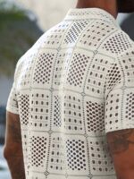 Men’s Cream Openwork Cuban-Collar Shirt - Image 5