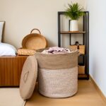 Large Taupe & Cream Woven Laundry Basket with Lid - Image 5