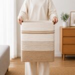 Large 85L Cream & Beige Woven Laundry Basket with Handles - Image 5