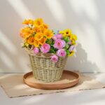 Natural Woven Plant Basket with Leather-Look Detail