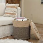 Large Taupe & Cream Woven Laundry Basket with Lid - Image 7