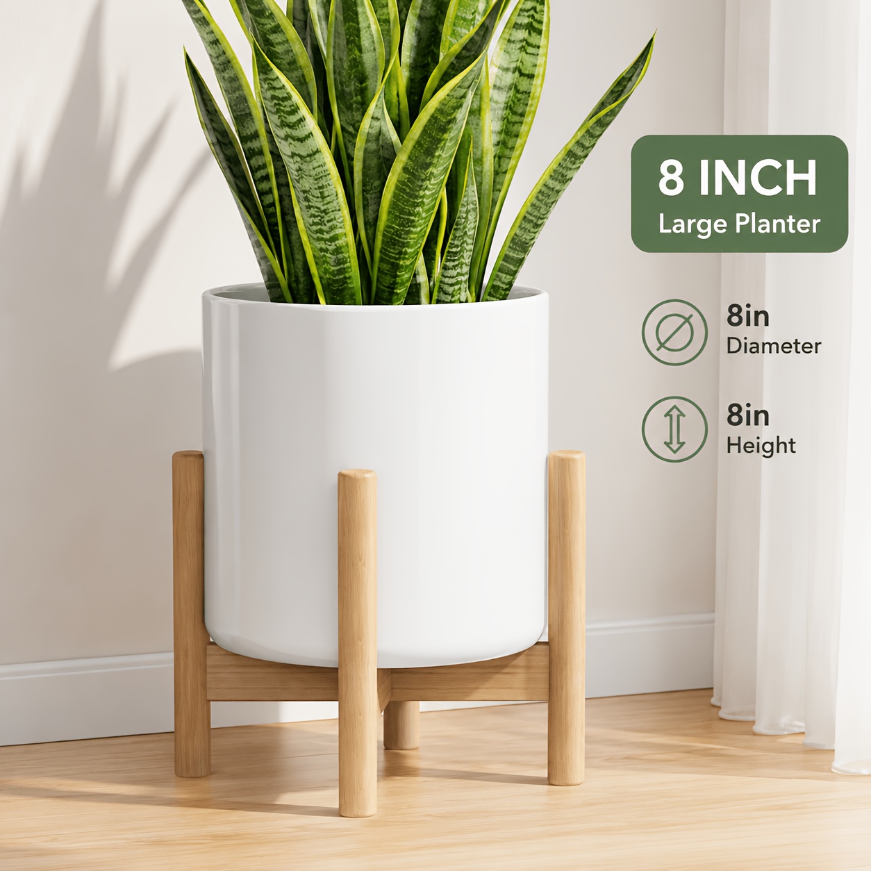 product-fancy-d6429850-3e4e-4d22-a2eb-1a69ccf5ae3d White Ceramic Planter with Wooden Stand - Image 1