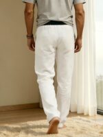 Men’s Cream Linen-Blend Relaxed Trousers - Image 8