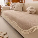 Beige Non-Slip Sofa Cover with Tassel Trim