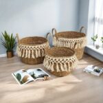Set of 3 Natural Woven Storage Baskets with Cream Fringe - Image 4