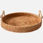 Handwoven Rattan Round Serving Tray with Handles