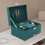Three-layer Jewelry Storage Box | Large-capacity, Velvet-lined, Lockable with Buckle Closure, Detachable Partitions, Mirror, 24*17*11cm, Dark Green - Image 5