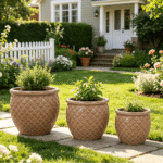 Set of 3 Beige Ceramic Garden Planters