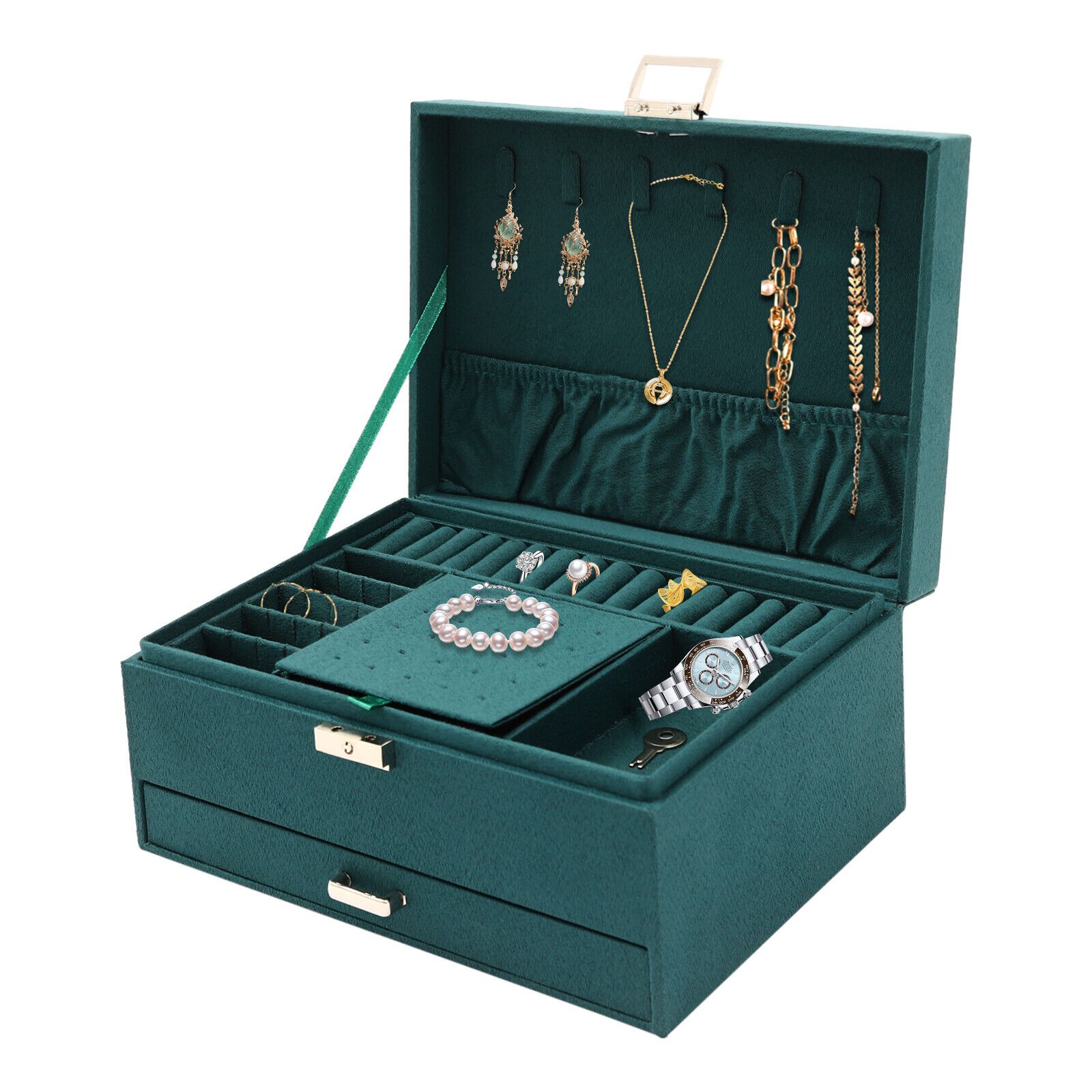 product-open-34b4cd25b4f146f09a6e79a1a99fb1af-goods Three-layer Jewelry Storage Box | Large-capacity, Velvet-lined, Lockable with Buckle Closure, Detachable Partitions, Mirror, 24*17*11cm, Dark Green - Image 1