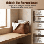Large Rattan-Style Storage Basket with Leather-Look Handl - Image 5