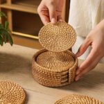 Handwoven Rattan Coaster Set with Storage Holder - Image 5