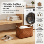 Large Rattan-Style Storage Basket with Leather-Look Handl