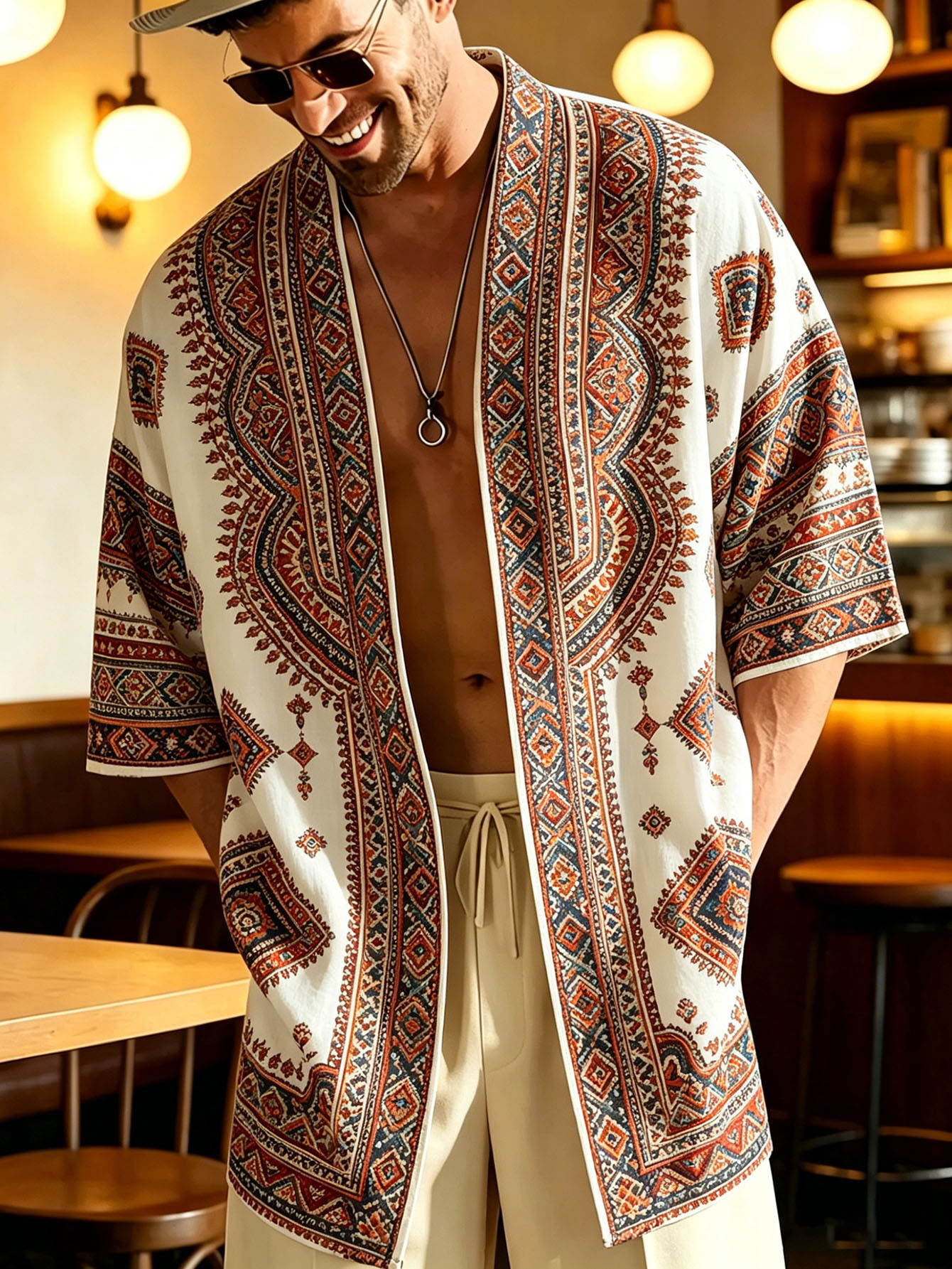 product-open-6dfe5a6620c2438880cce06739dc1287-goods Men’s Geometric-Print Kimono Resort Shirt - Image 1