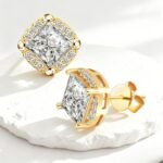 Princess-Cut Moissanite Halo Stud Earrings in Sterling Silver