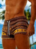 Men’s Earth-Tone Geometric Swim Shorts
