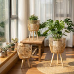 Rattan Plant Stand with Wooden Legs - Image 6