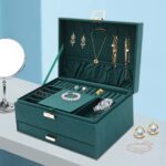 Three-layer Jewelry Storage Box | Large-capacity, Velvet-lined, Lockable with Buckle Closure, Detachable Partitions, Mirror, 24*17*11cm, Dark Green - Image 6